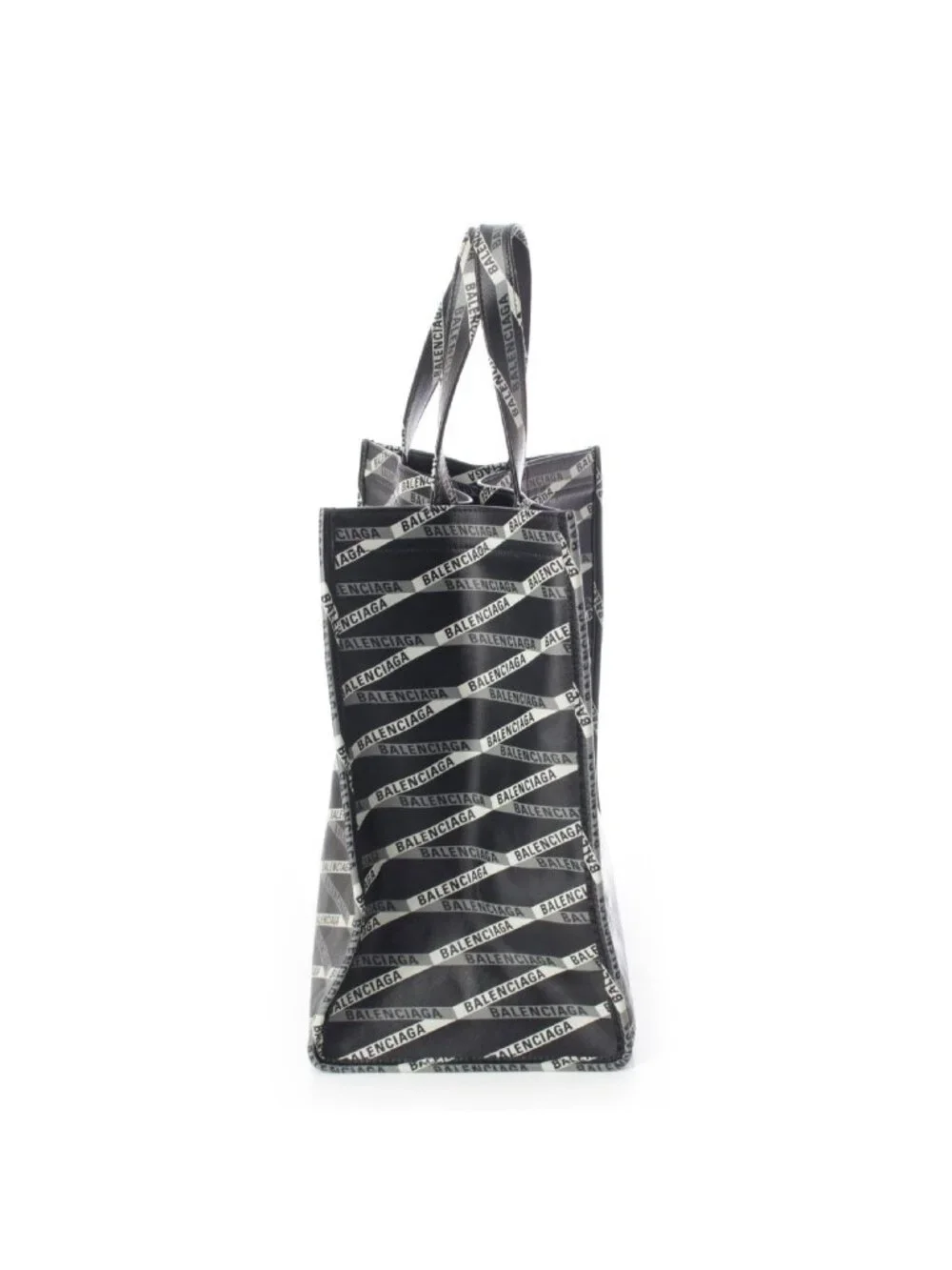 Balenciaga Calf Paper Leather Logo Striped All Over Pattern Tote Black